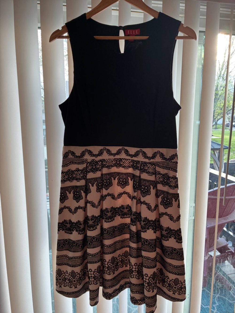 Elle Black & Blush Lace-Detail Fit-and-Flare Midi Dress